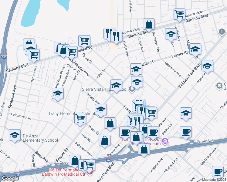 map of restaurants, bars, coffee shops, grocery stores, and more near 3517 Frazier Street in Baldwin Park