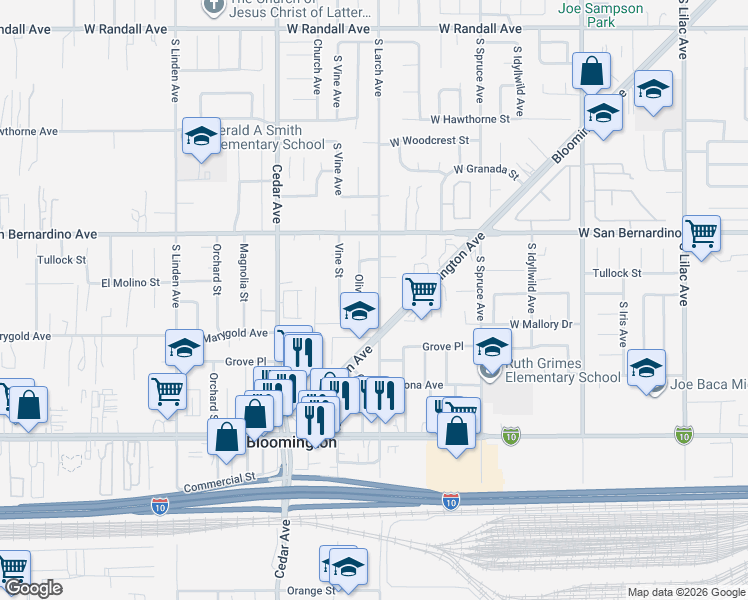 map of restaurants, bars, coffee shops, grocery stores, and more near 9816 Olive Street in Bloomington