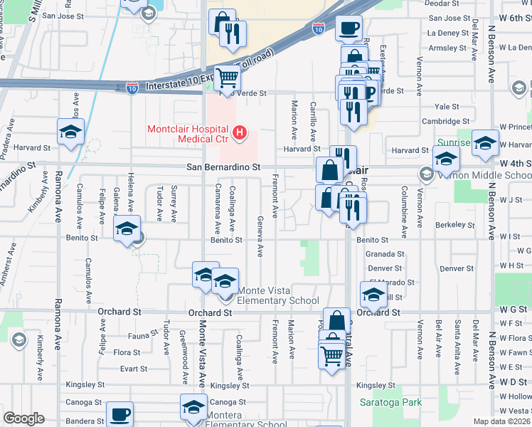 map of restaurants, bars, coffee shops, grocery stores, and more near 9827 Geneva Avenue in Montclair