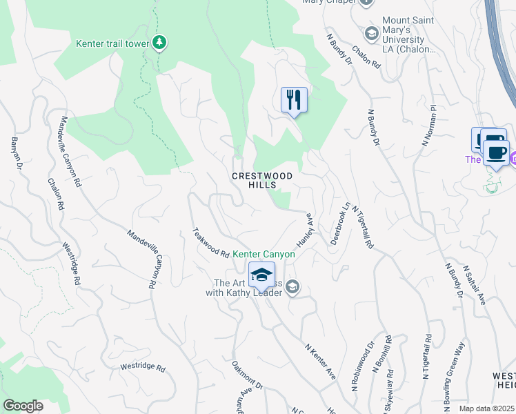 map of restaurants, bars, coffee shops, grocery stores, and more near 908 Kenter Way in Los Angeles