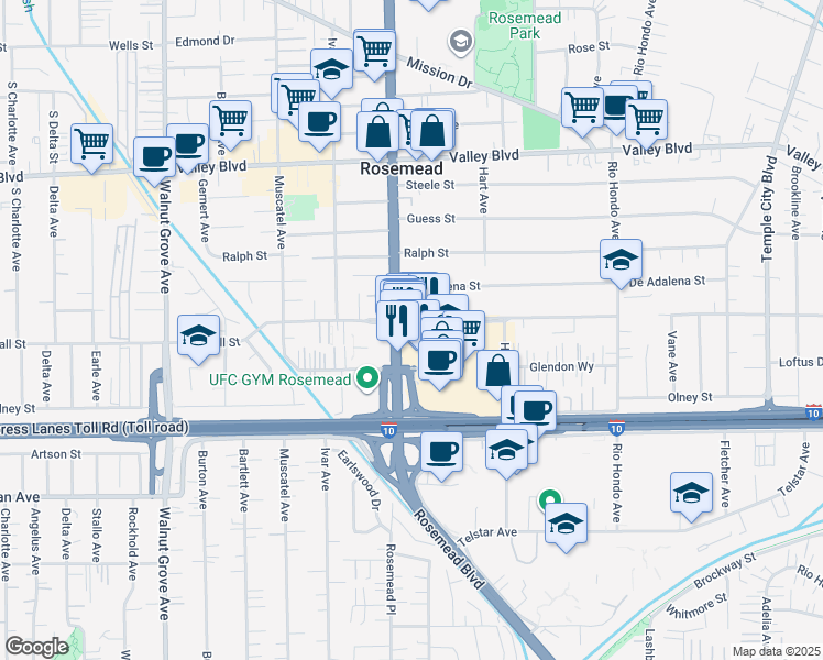 map of restaurants, bars, coffee shops, grocery stores, and more near 3644 Rosemead Boulevard in Rosemead