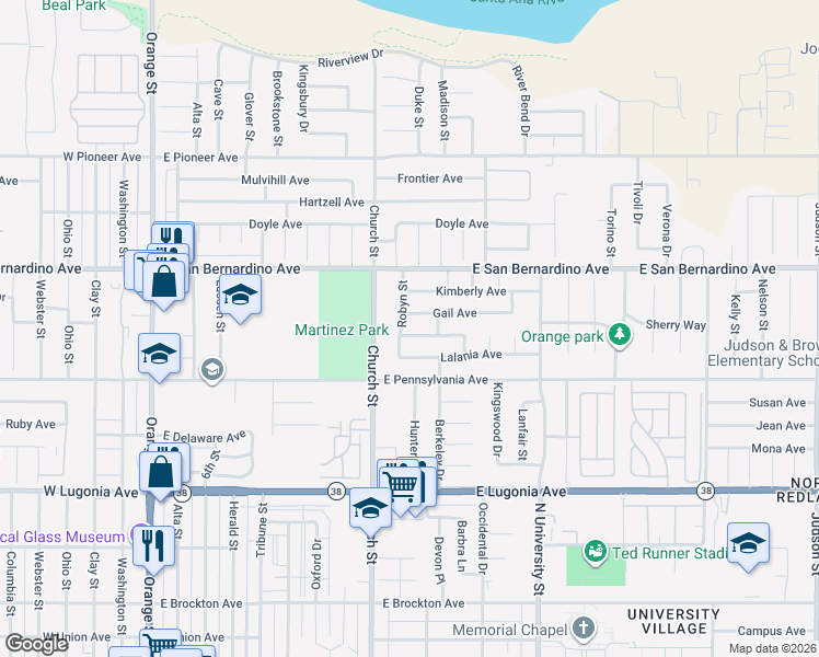 map of restaurants, bars, coffee shops, grocery stores, and more near 853 Denise Avenue in Redlands