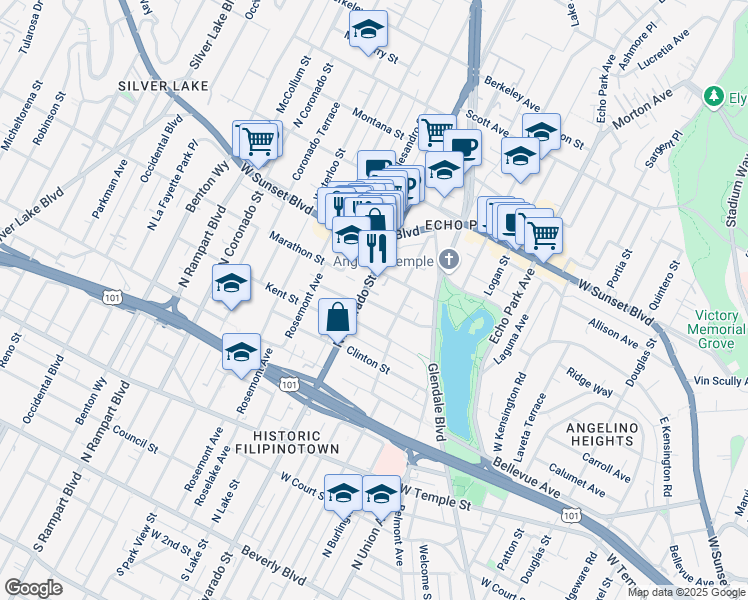 map of restaurants, bars, coffee shops, grocery stores, and more near 900 North Alvarado Street in Los Angeles