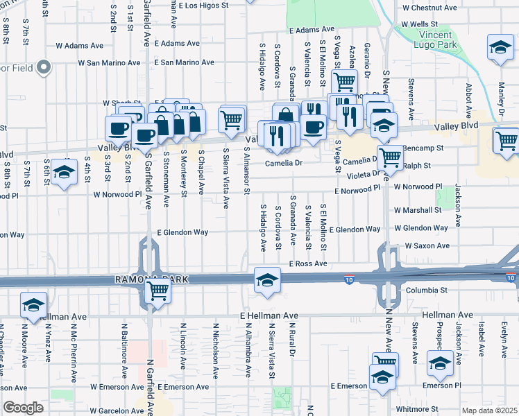 map of restaurants, bars, coffee shops, grocery stores, and more near 1617 S Hidalgo Ave in Alhambra