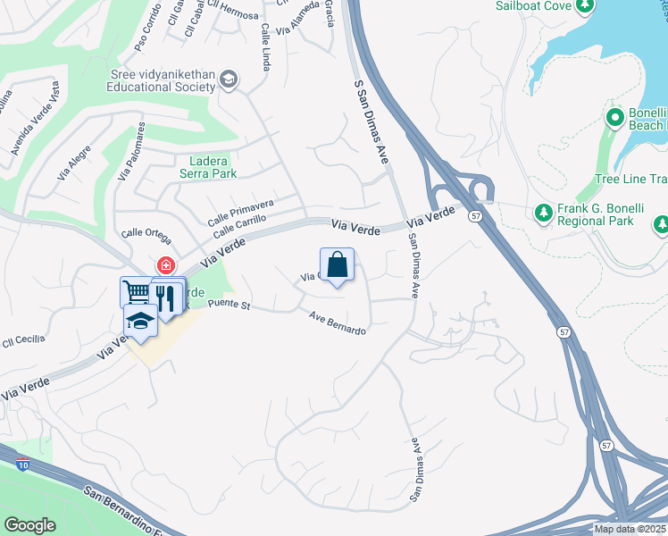 map of restaurants, bars, coffee shops, grocery stores, and more near 815 Via Gregorio in San Dimas