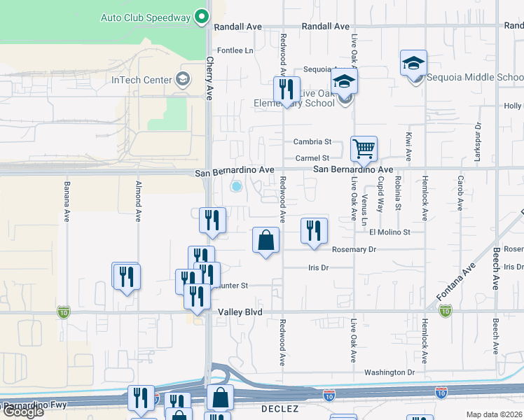 map of restaurants, bars, coffee shops, grocery stores, and more near 14644 El Molino Street in Fontana