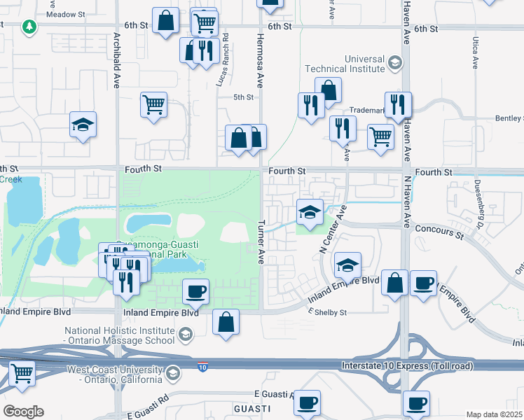 map of restaurants, bars, coffee shops, grocery stores, and more near 1016 Turner Avenue in Ontario