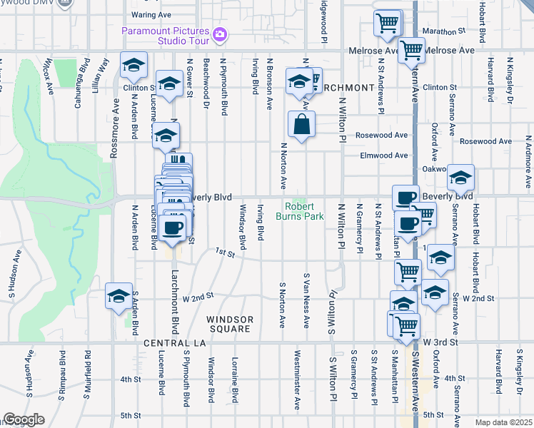 map of restaurants, bars, coffee shops, grocery stores, and more near 226 North Irving Boulevard in Los Angeles