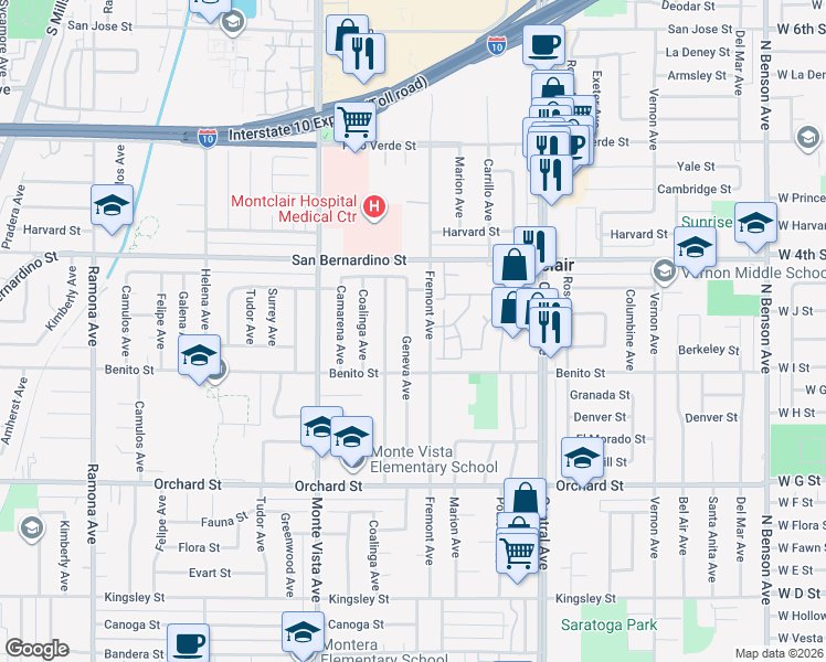 map of restaurants, bars, coffee shops, grocery stores, and more near 9827 Geneva Avenue in Montclair
