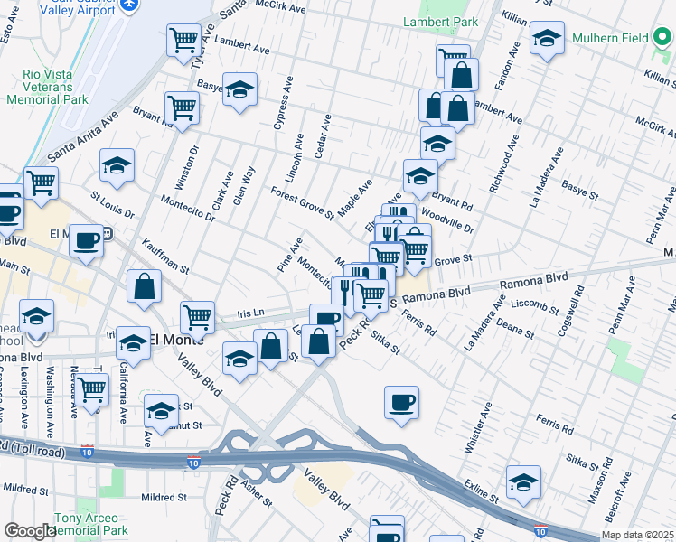 map of restaurants, bars, coffee shops, grocery stores, and more near 11500 Medina Court in El Monte