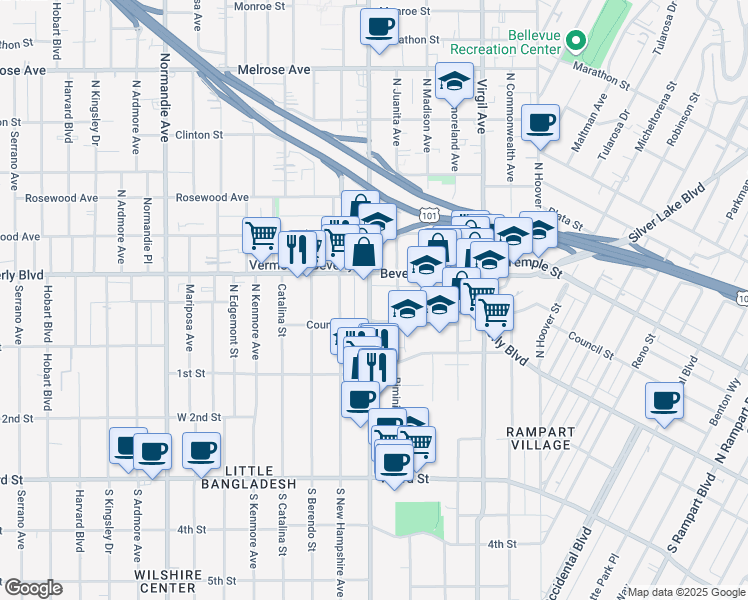 map of restaurants, bars, coffee shops, grocery stores, and more near 224 North Vermont Avenue in Los Angeles