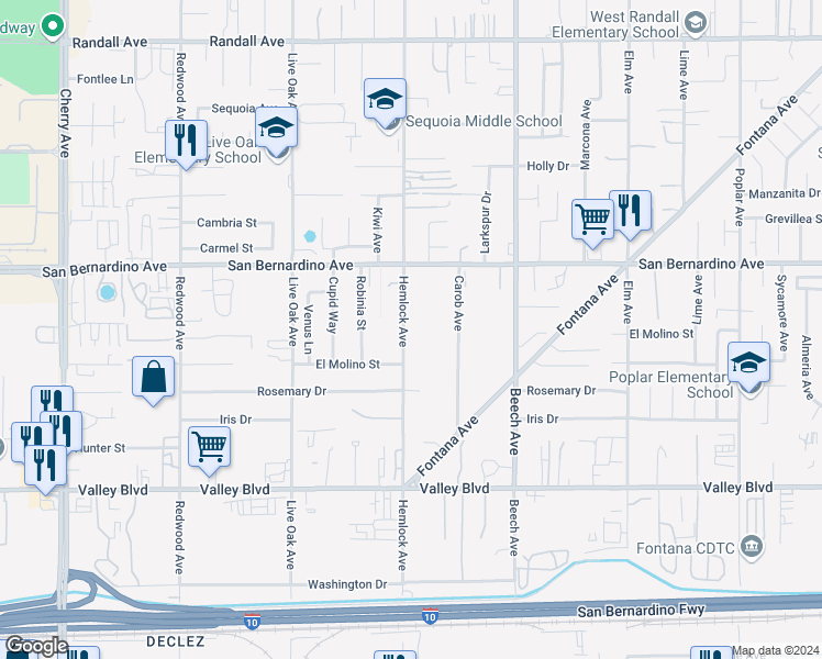 map of restaurants, bars, coffee shops, grocery stores, and more near 9813 Hemlock Avenue in Fontana