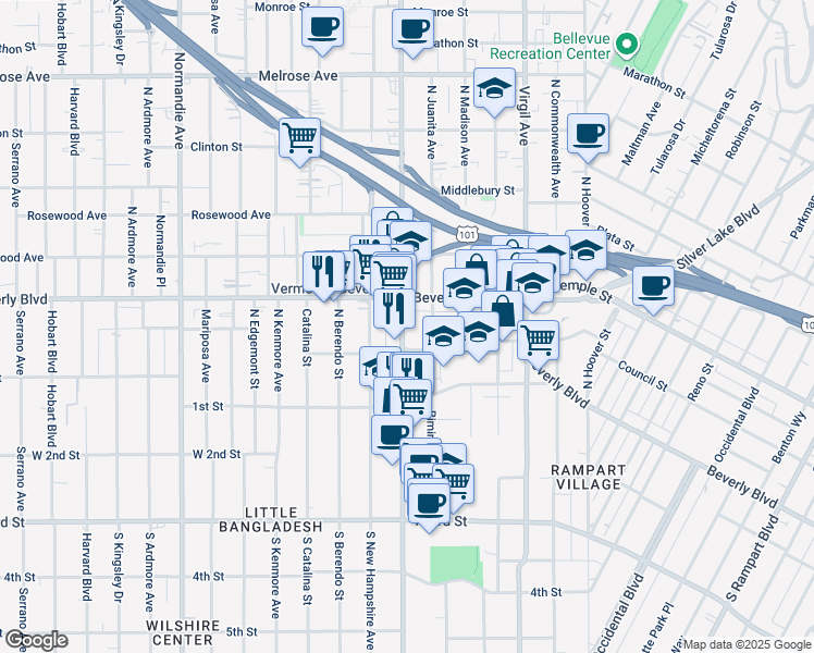 map of restaurants, bars, coffee shops, grocery stores, and more near 224 North Vermont Avenue in Los Angeles