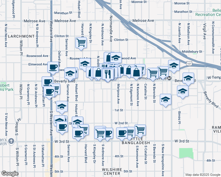 map of restaurants, bars, coffee shops, grocery stores, and more near 201 North Normandie Avenue in Los Angeles