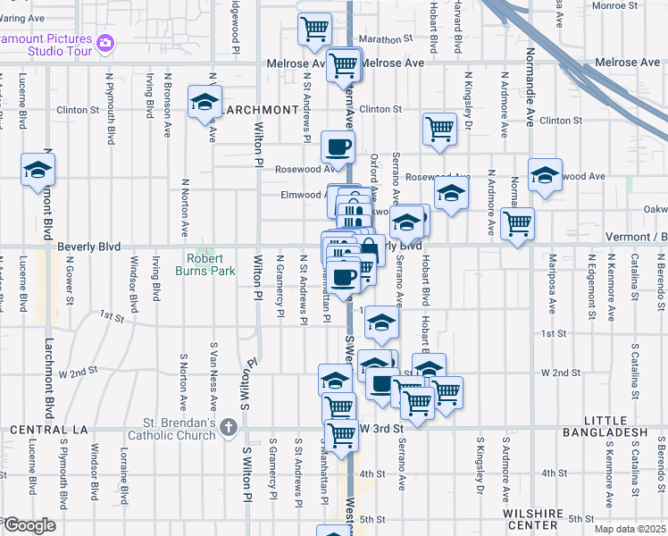 map of restaurants, bars, coffee shops, grocery stores, and more near 222 North Manhattan Place in Los Angeles