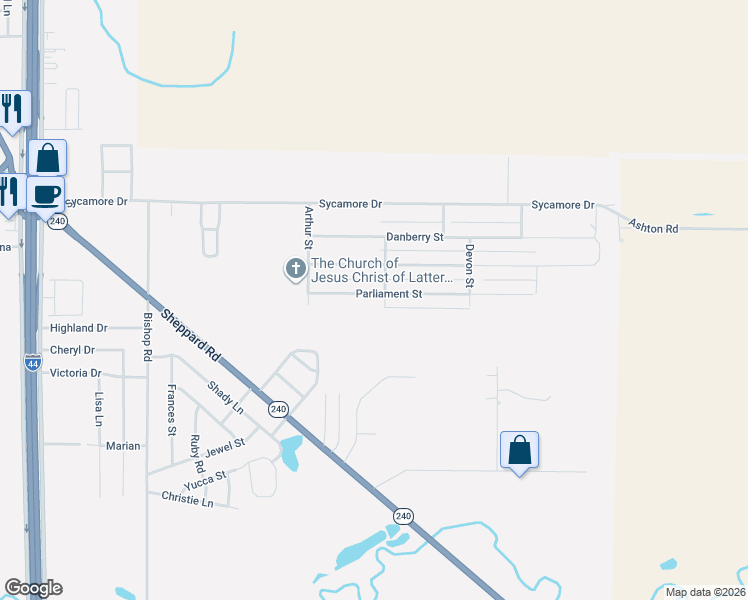 map of restaurants, bars, coffee shops, grocery stores, and more near 1222 Parliament Street in Burkburnett