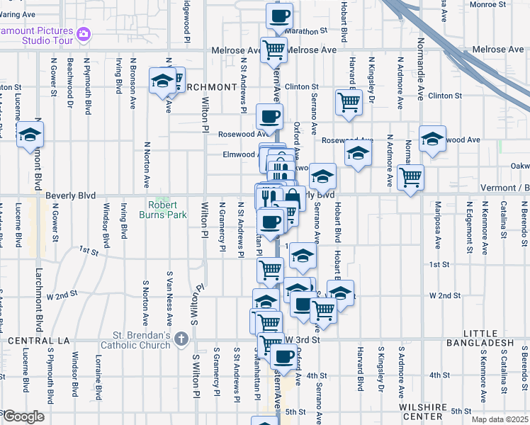 map of restaurants, bars, coffee shops, grocery stores, and more near 233 North Western Avenue in Los Angeles