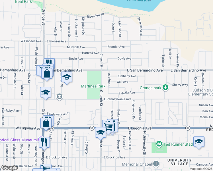 map of restaurants, bars, coffee shops, grocery stores, and more near 853 Denise Avenue in Redlands