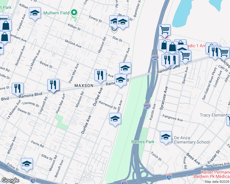 map of restaurants, bars, coffee shops, grocery stores, and more near 4159 Gilman Road in El Monte