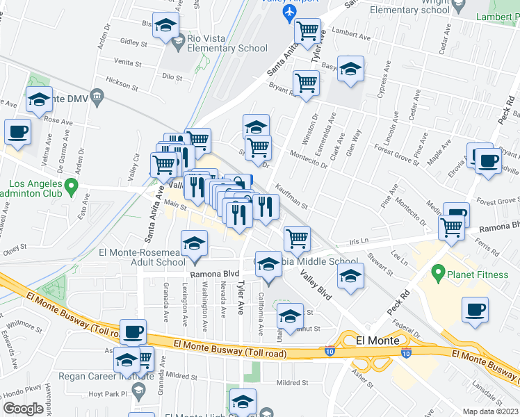 map of restaurants, bars, coffee shops, grocery stores, and more near 3643 Tyler Avenue in El Monte