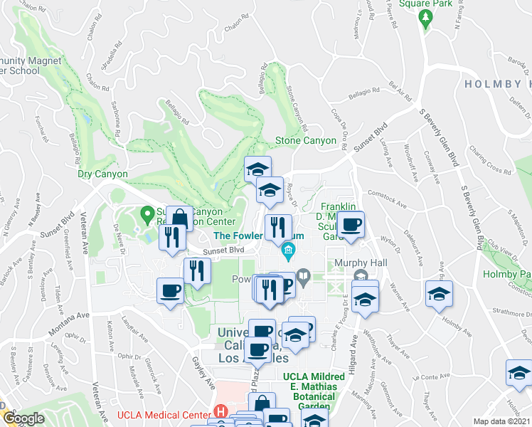 map of restaurants, bars, coffee shops, grocery stores, and more near 320 Charles E Young Drive North in Los Angeles