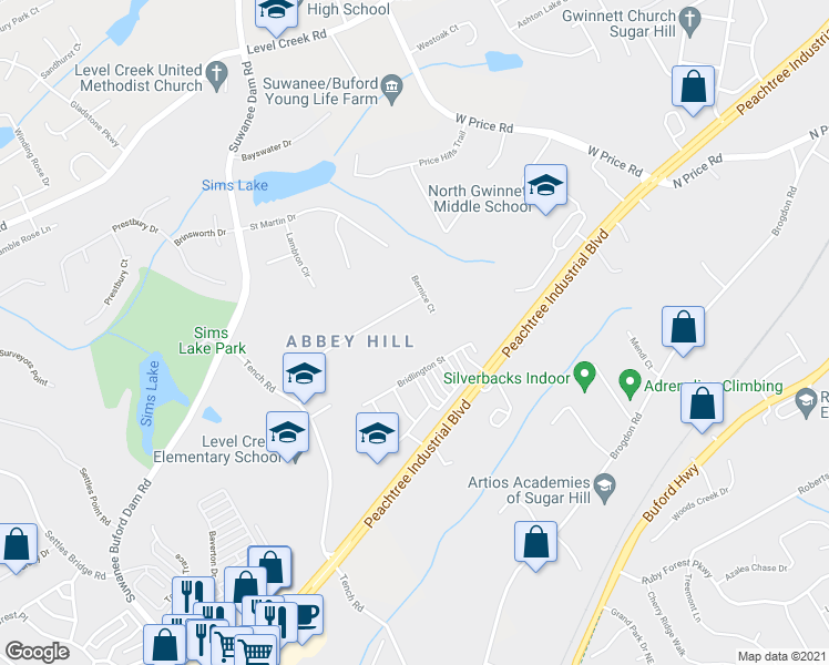 map of restaurants, bars, coffee shops, grocery stores, and more near 120 Abbey Hill Road in Suwanee