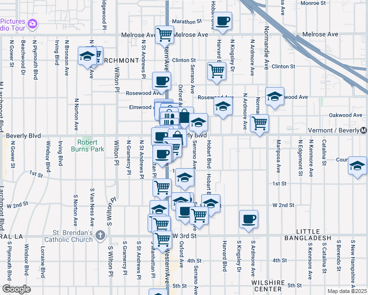 map of restaurants, bars, coffee shops, grocery stores, and more near 200 North Oxford Avenue in Los Angeles