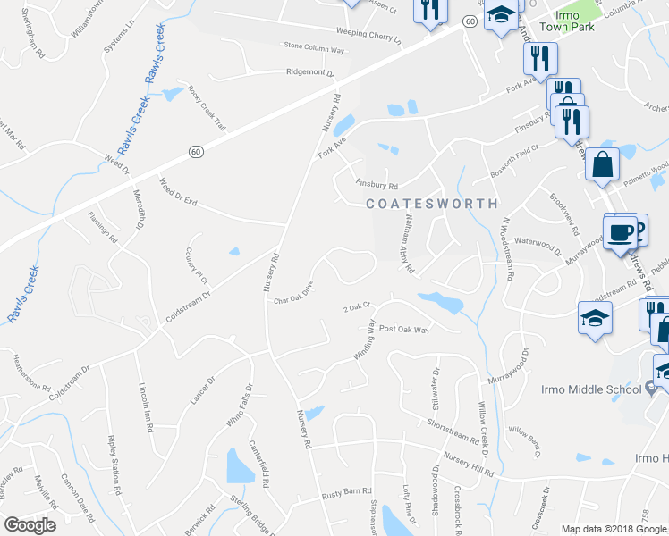 map of restaurants, bars, coffee shops, grocery stores, and more near 237 Char-Oak Drive in Columbia