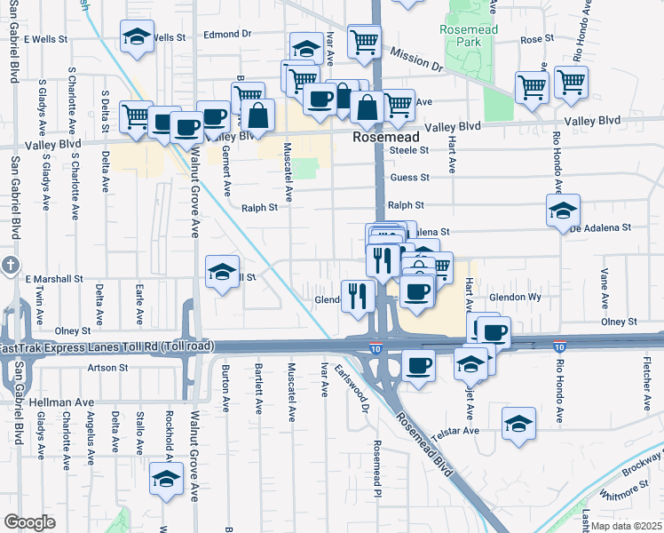 map of restaurants, bars, coffee shops, grocery stores, and more near 8858 Marshall Street in Rosemead