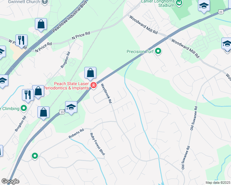 map of restaurants, bars, coffee shops, grocery stores, and more near 4290 Bridgeton Court in Suwanee