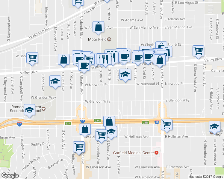 map of restaurants, bars, coffee shops, grocery stores, and more near 1612 South 7th Street in Alhambra