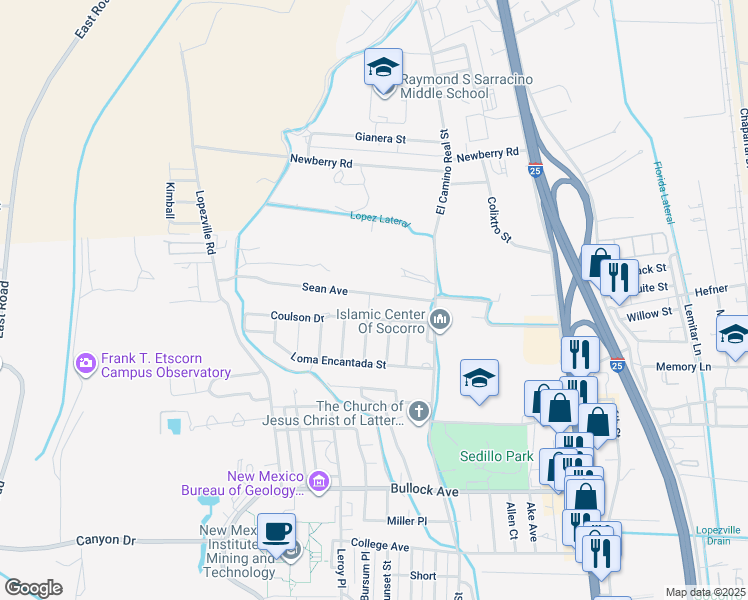 map of restaurants, bars, coffee shops, grocery stores, and more near 708 Sean Street in Socorro