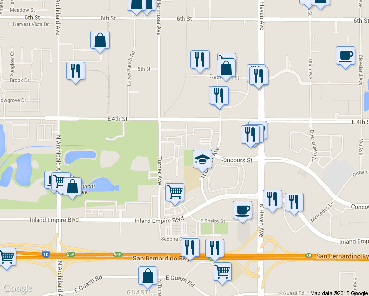 map of restaurants, bars, coffee shops, grocery stores, and more near 1022 Hermosa Avenue in Ontario