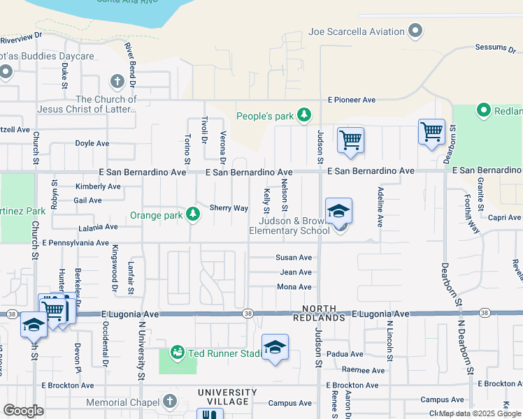 map of restaurants, bars, coffee shops, grocery stores, and more near 1537 Kelly Street in Redlands