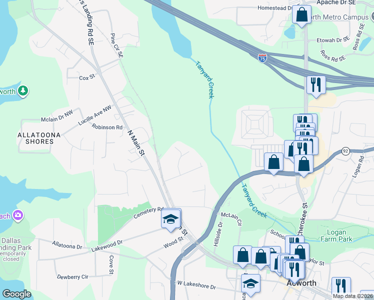 map of restaurants, bars, coffee shops, grocery stores, and more near 4678 Fowler Circle in Acworth