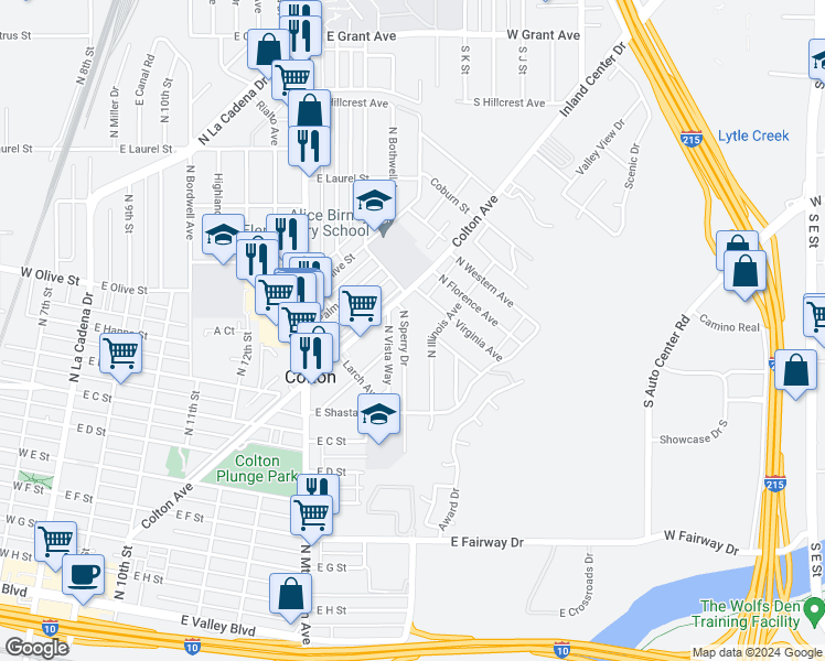 map of restaurants, bars, coffee shops, grocery stores, and more near 974 North Sperry Drive in Colton