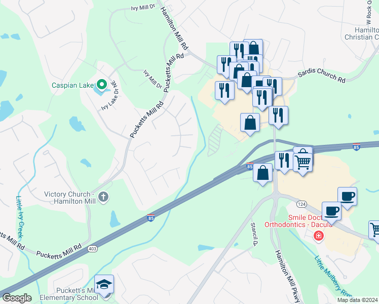 map of restaurants, bars, coffee shops, grocery stores, and more near 3221 Milstead Walk Way in Buford