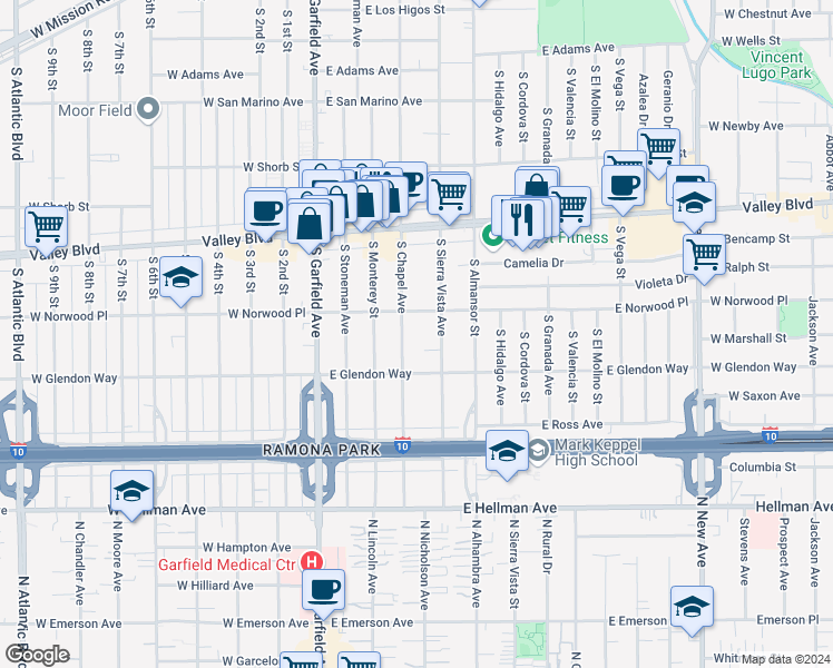 map of restaurants, bars, coffee shops, grocery stores, and more near 1616 South Chapel Avenue in Alhambra