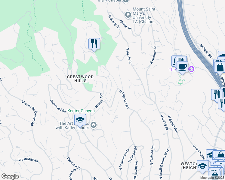 map of restaurants, bars, coffee shops, grocery stores, and more near 924 Stonehill Lane in Los Angeles