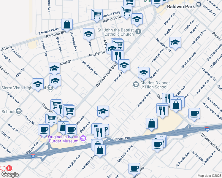 map of restaurants, bars, coffee shops, grocery stores, and more near 13817 Durness Street in Baldwin Park