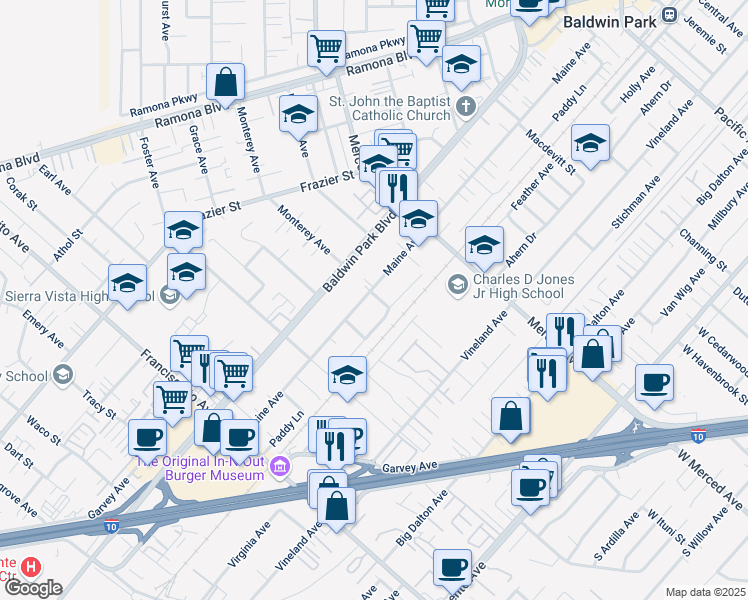 map of restaurants, bars, coffee shops, grocery stores, and more near 3438 Maine Avenue in Baldwin Park