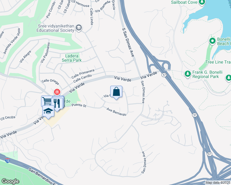 map of restaurants, bars, coffee shops, grocery stores, and more near 815 Via Gregorio in San Dimas