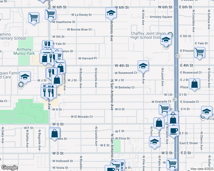 map of restaurants, bars, coffee shops, grocery stores, and more near 722 West Berkeley Court in Ontario