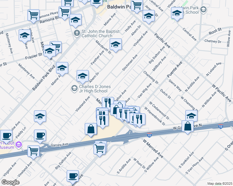 map of restaurants, bars, coffee shops, grocery stores, and more near 14388 Telluride Drive in Baldwin Park