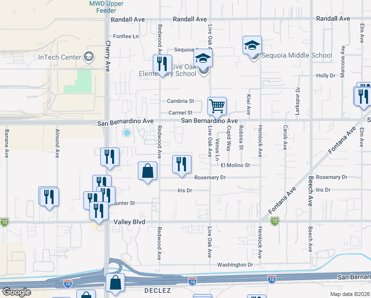 map of restaurants, bars, coffee shops, grocery stores, and more near 14830 El Molino Street in Fontana