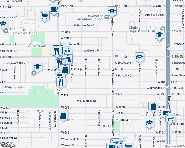 map of restaurants, bars, coffee shops, grocery stores, and more near 840 West Berkeley Court in Ontario