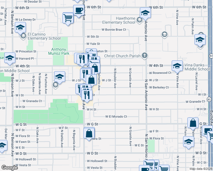 map of restaurants, bars, coffee shops, grocery stores, and more near 914 West Berkeley Court in Ontario
