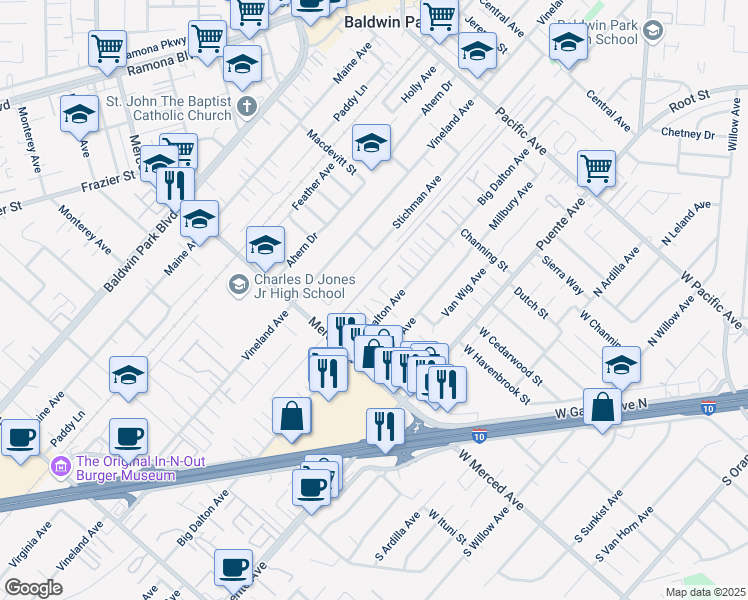 map of restaurants, bars, coffee shops, grocery stores, and more near 14388 Telluride Drive in Baldwin Park