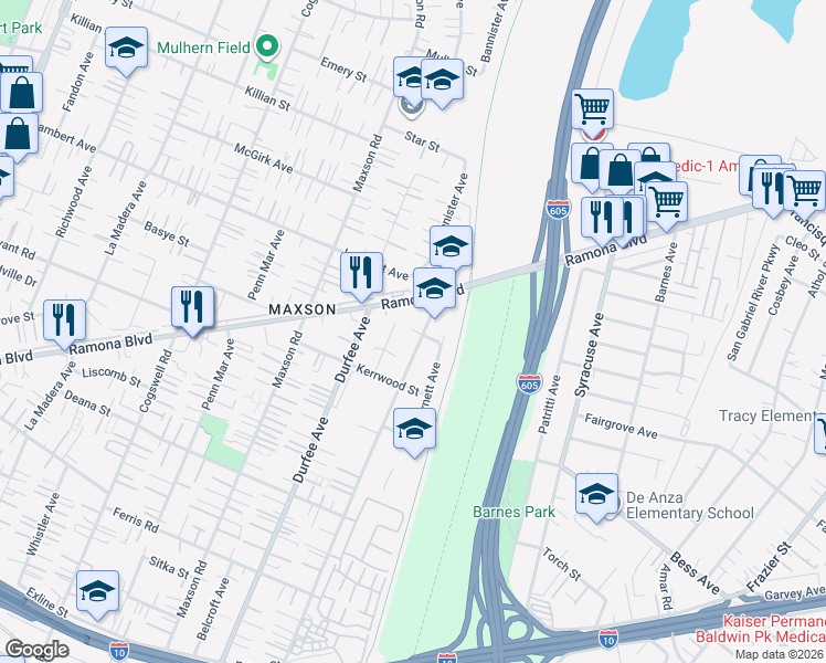 map of restaurants, bars, coffee shops, grocery stores, and more near 4159 Gilman Road in El Monte