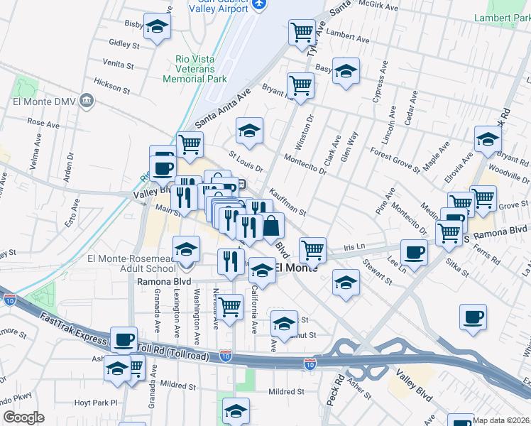 map of restaurants, bars, coffee shops, grocery stores, and more near in El Monte